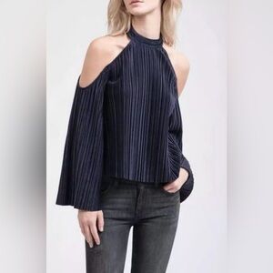J.O.A Blue Flare Sleeve Off The Shoulder Velvet Pleated Top Blouse